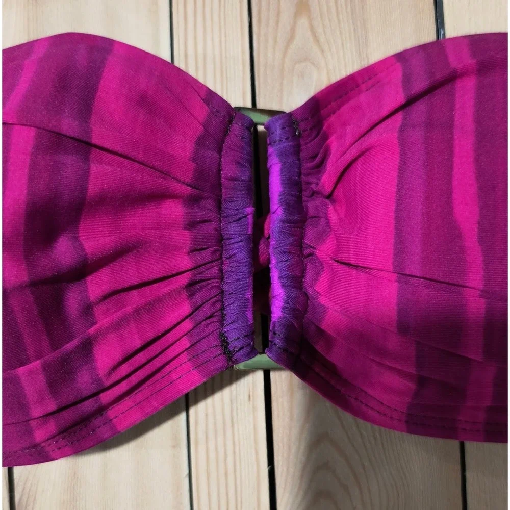 La Blanca Pink Purple Striped Bandeau Bikini Set Size 8 Gold Hardware Swimsuit‎